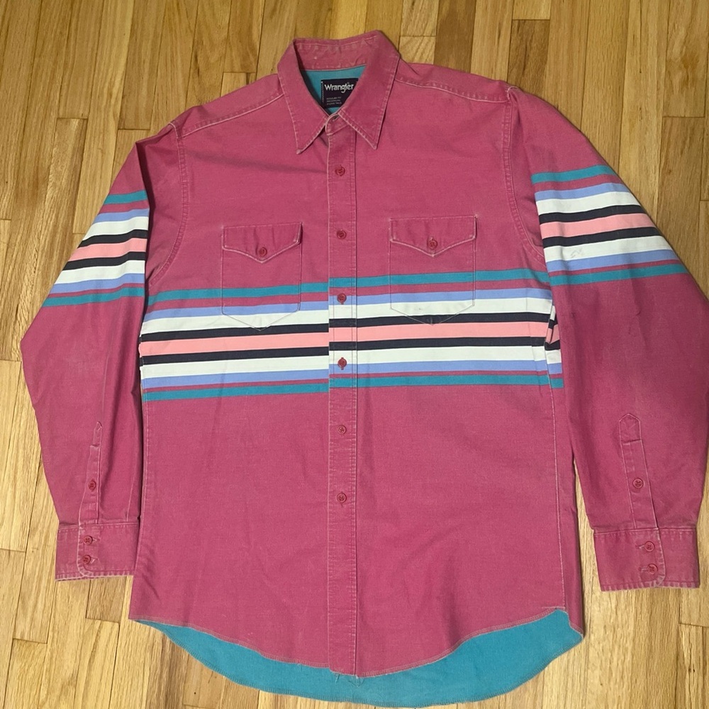 Vintage Wrangler Mens Brushpopper Shirt 16.5 35 X-Long Tails Pink Teal Striped